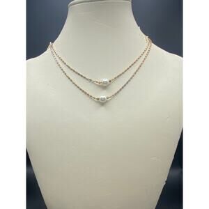Vintage Double Strand Gold-Tone Necklace with Pearl Accents & Cylindrical Beads
